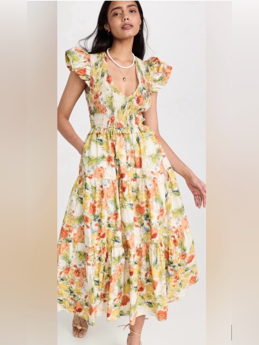 O.P.T. Evereve White Floral Tiered Maxi Dress with Orange & Yellow Blooms - XS